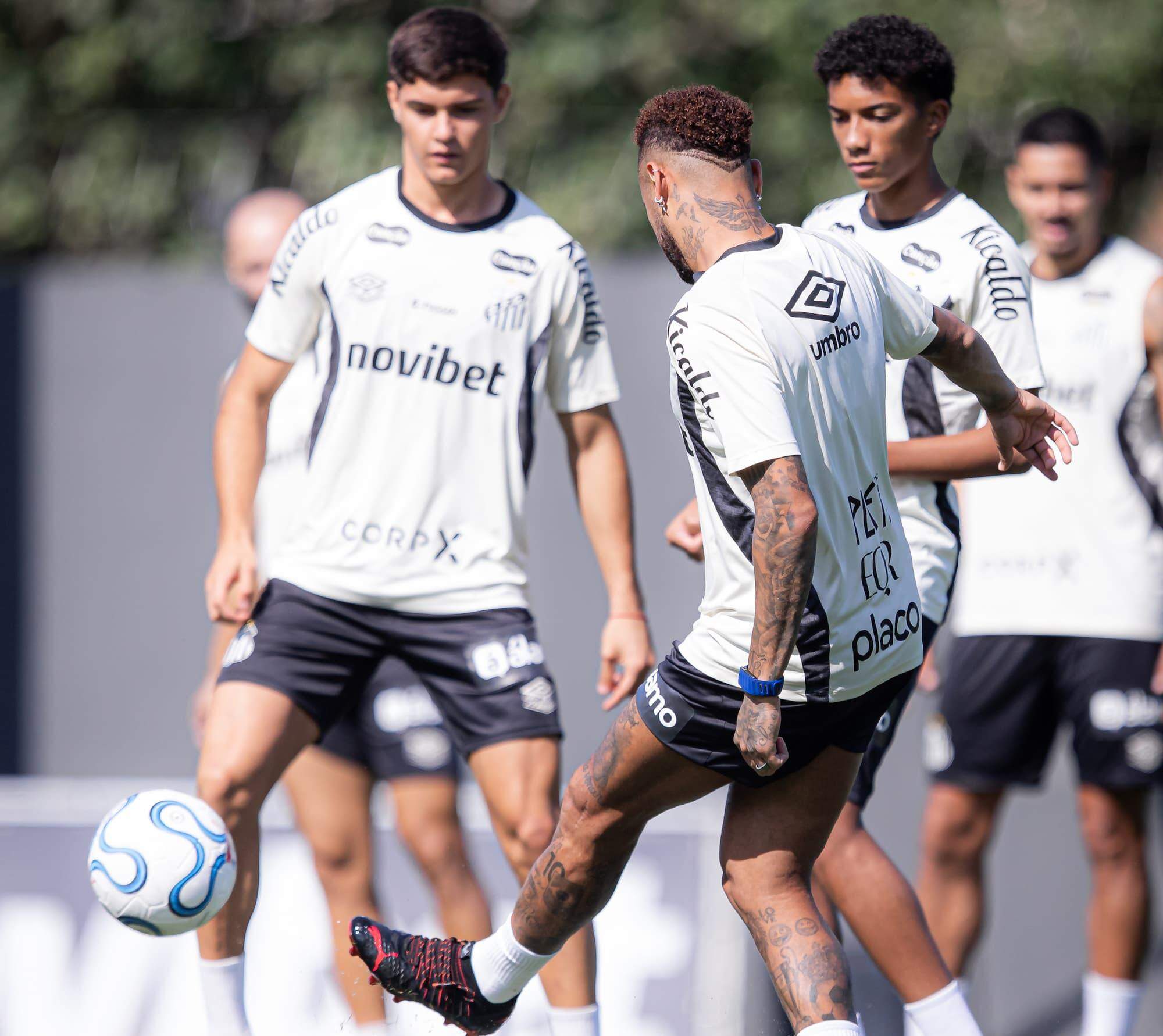 Neymar (de costas) e Robinho Jr. (à direita) participaram do treino desta segunda, no CT Rei Pelé