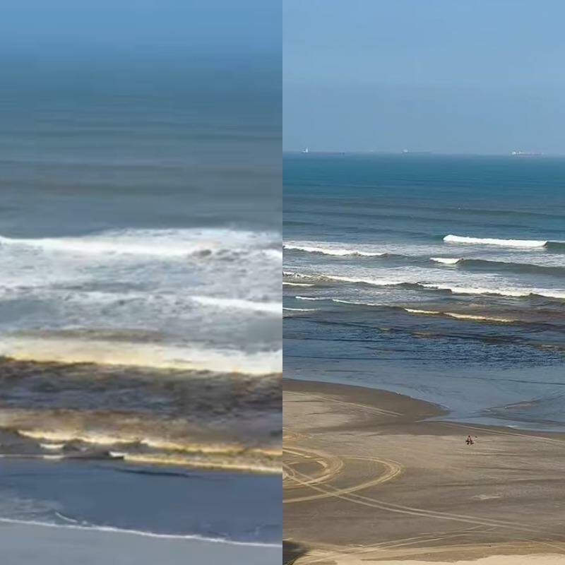 O mar ficou marrom e também apresentou espuma de cor amarronzada em Praia Grande