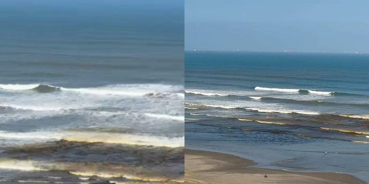 O mar ficou marrom e também apresentou espuma de cor amarronzada em Praia Grande