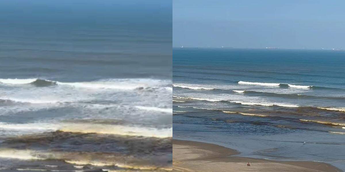 O mar ficou marrom e também apresentou espuma de cor amarronzada em Praia Grande