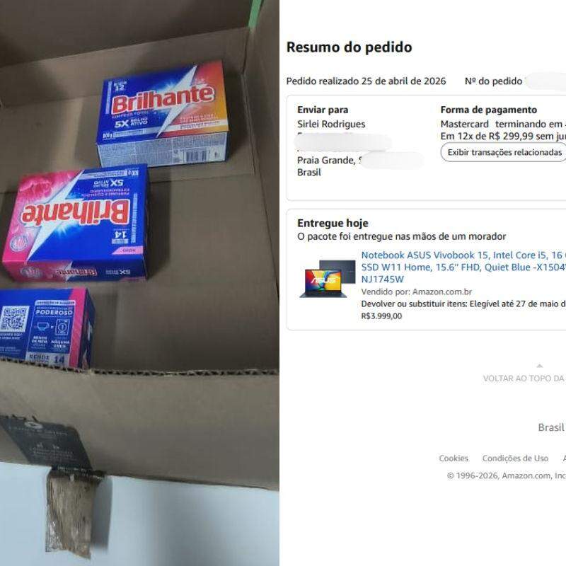 A professora Sirlei Rodrigues, de Praia Grande, recebeu três caixas de sabão em pó coladas na embalagem onde deveria ter vindo o notebook que comprou na Amazon