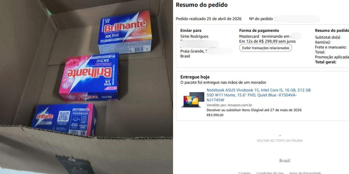 A professora Sirlei Rodrigues, de Praia Grande, recebeu três caixas de sabão em pó coladas na embalagem onde deveria ter vindo o notebook que comprou na Amazon