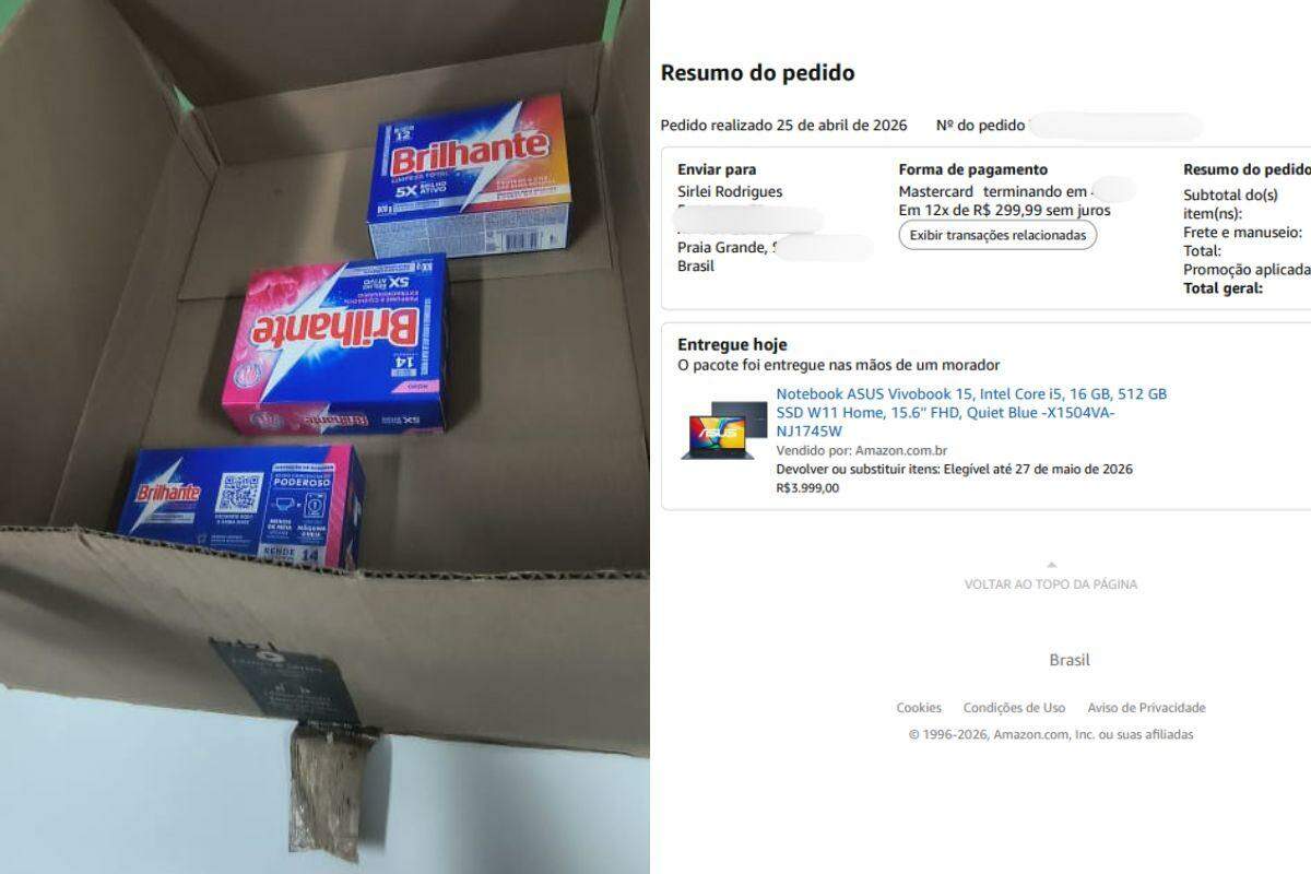A professora Sirlei Rodrigues, de Praia Grande, recebeu três caixas de sabão em pó coladas na embalagem onde deveria ter vindo o notebook que comprou na Amazon
