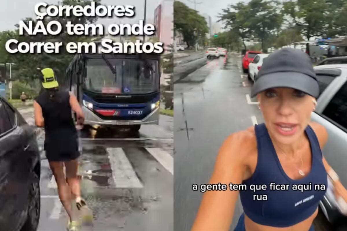 A corredora e apresentadora Valéria Mello Suzuki destacou, nas redes sociais, as dificuldades enfrentadas pelos praticantes de corrida na orla da praia de Santos; vídeo repercutiu