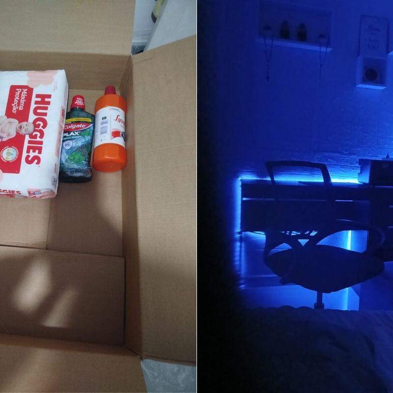 Pacote de fraldas Huggies, enxaguante bucal da Colgate e um Lysoform vieram no lugar do notebook Dell comprado na Amazon por mãe de Santos; mesa onde ficaria o computador que seria do filho da auxiliar de serviços gerais