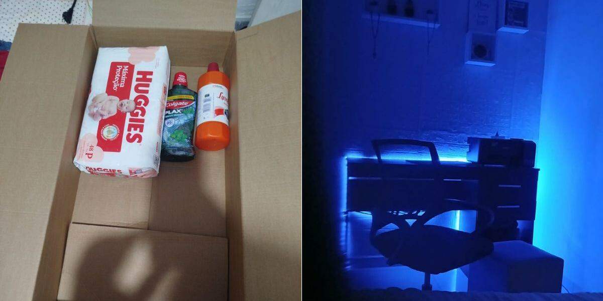 Pacote de fraldas Huggies, enxaguante bucal da Colgate e um Lysoform vieram no lugar do notebook Dell comprado na Amazon por mãe de Santos; mesa onde ficaria o computador que seria do filho da auxiliar de serviços gerais