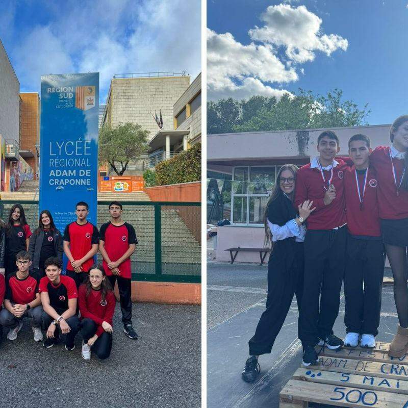 Delegação santista teve 11 estudantes; na foto à direita, a professora Ariel, Arthur, Vittorio, Lais e Giulia