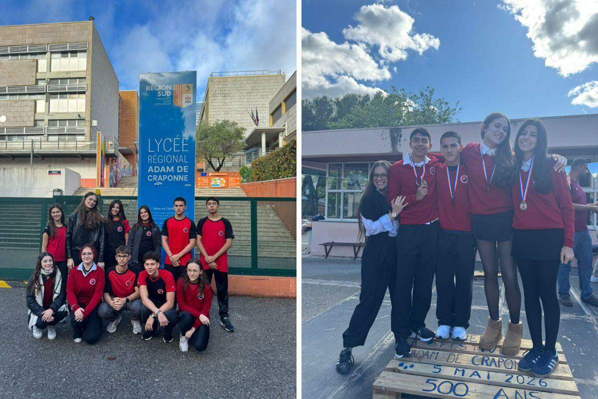 Delegação santista teve 11 estudantes; na foto à direita, a professora Ariel, Arthur, Vittorio, Lais e Giulia