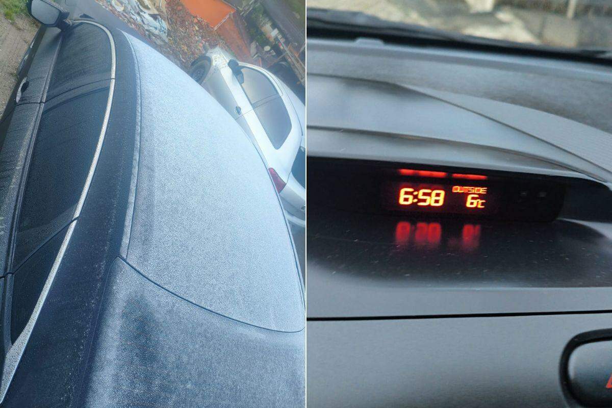 Carro amanhece com gelo em Apiaí, no Vale do Ribeira