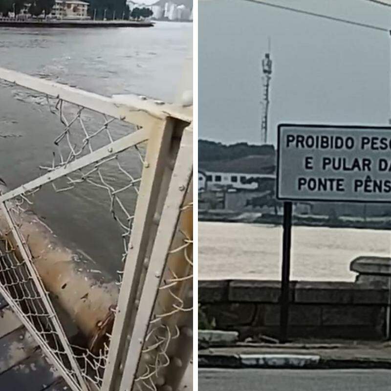 De acordo com moradora, durante o verão, é comum que crianças e adultos utilizem a estrutura da Ponte Pênsil para saltar no mar em São Vicente