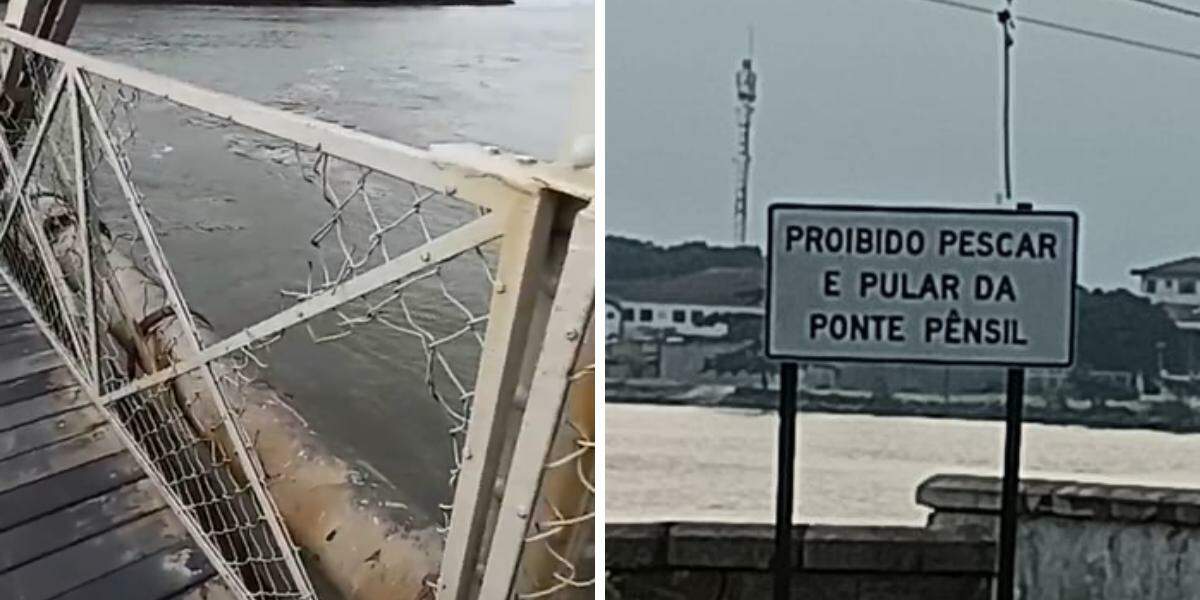 De acordo com moradora, durante o verão, é comum que crianças e adultos utilizem a estrutura da Ponte Pênsil para saltar no mar em São Vicente