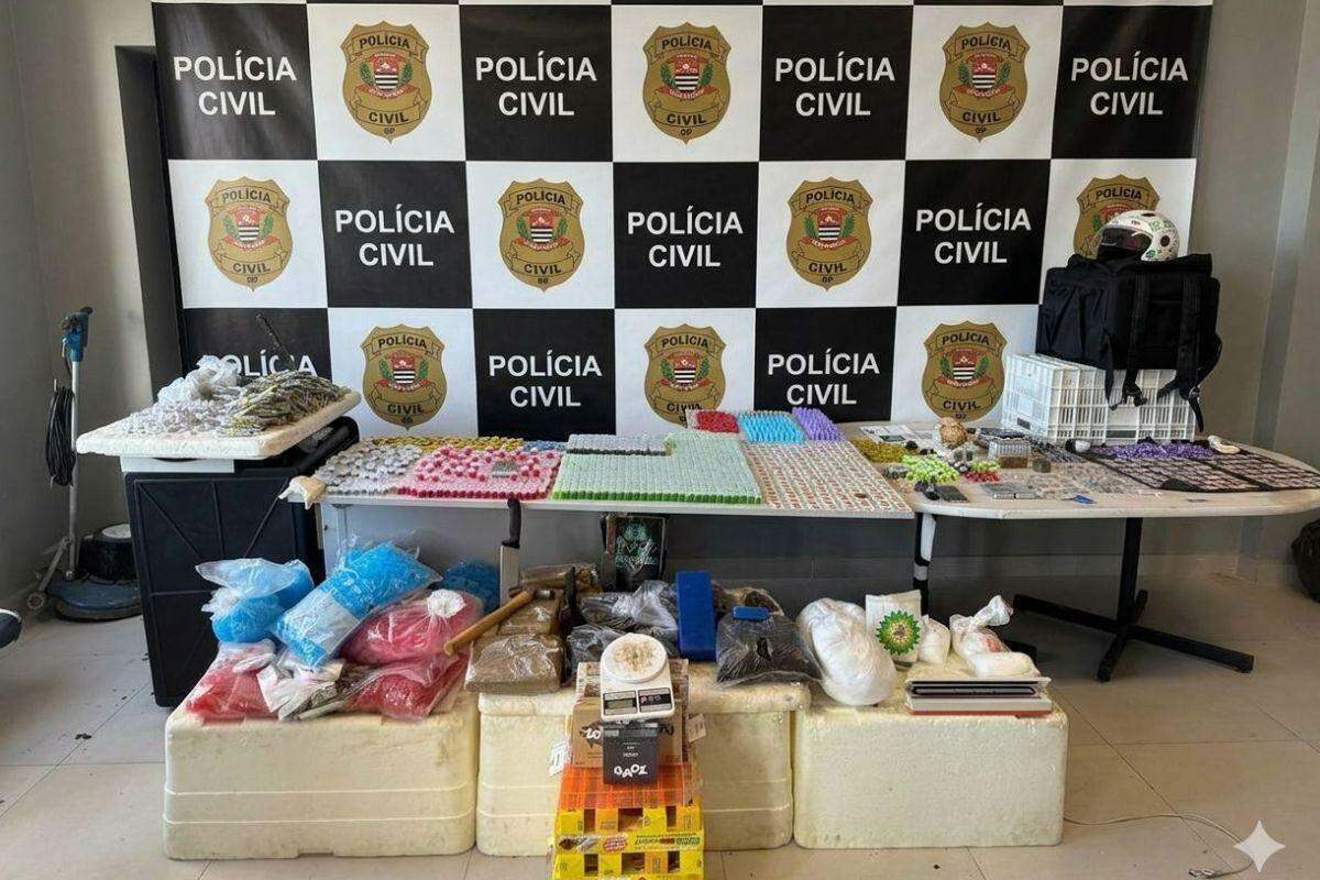 Drogas, dinheiro, celulares e materiais utilizados no tráfico foram apreendidos com o investigado