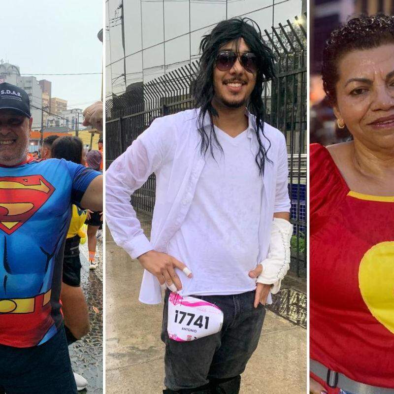 Paulo (à esquerda), João (Centro) e Maria (à direita) foram fantasiados aos 10 KM Tribuna-Terracom deste domingo (17)