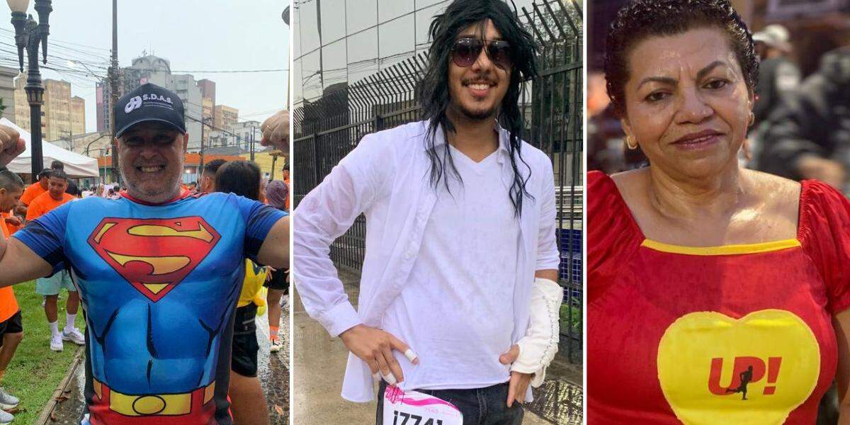 Paulo (à esquerda), João (Centro) e Maria (à direita) foram fantasiados aos 10 KM Tribuna-Terracom deste domingo (17)
