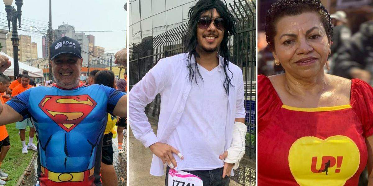 Paulo (à esquerda), João (Centro) e Maria (à direita) foram fantasiados aos 10 KM Tribuna-Terracom deste domingo (17)