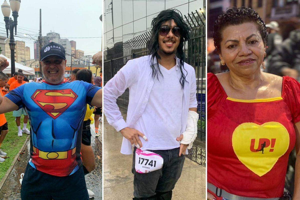 Paulo (à esquerda), João (Centro) e Maria (à direita) foram fantasiados aos 10 KM Tribuna-Terracom deste domingo (17)