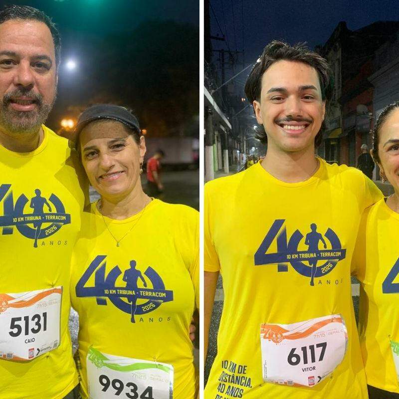 Caio e Tânia (Esquerda) vieram de São Paulo e correm juntos desde 2020; para eles, a prova dos 10 KM Tribuna-Terracom é tradição. Também da Capital, Eliane e o filho Vitor (direita) participam pela primeira vez