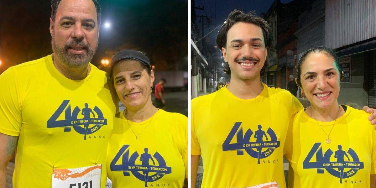 Caio e Tânia (Esquerda) vieram de São Paulo e correm juntos desde 2020; para eles, a prova dos 10 KM Tribuna-Terracom é tradição. Também da Capital, Eliane e o filho Vitor (direita) participam pela primeira vez