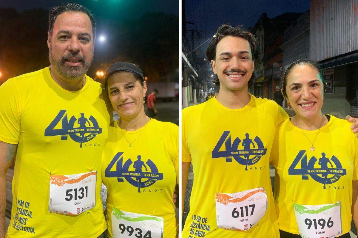 Caio e Tânia (Esquerda) vieram de São Paulo e correm juntos desde 2020; para eles, a prova dos 10 KM Tribuna-Terracom é tradição. Também da Capital, Eliane e o filho Vitor (direita) participam pela primeira vez