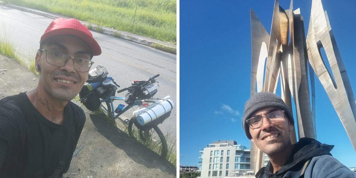 O morador de São Vicente relata que, entre os principais desafios da viagem, estão o frio e as dificuldades para encontrar lugares onde possa acampar
