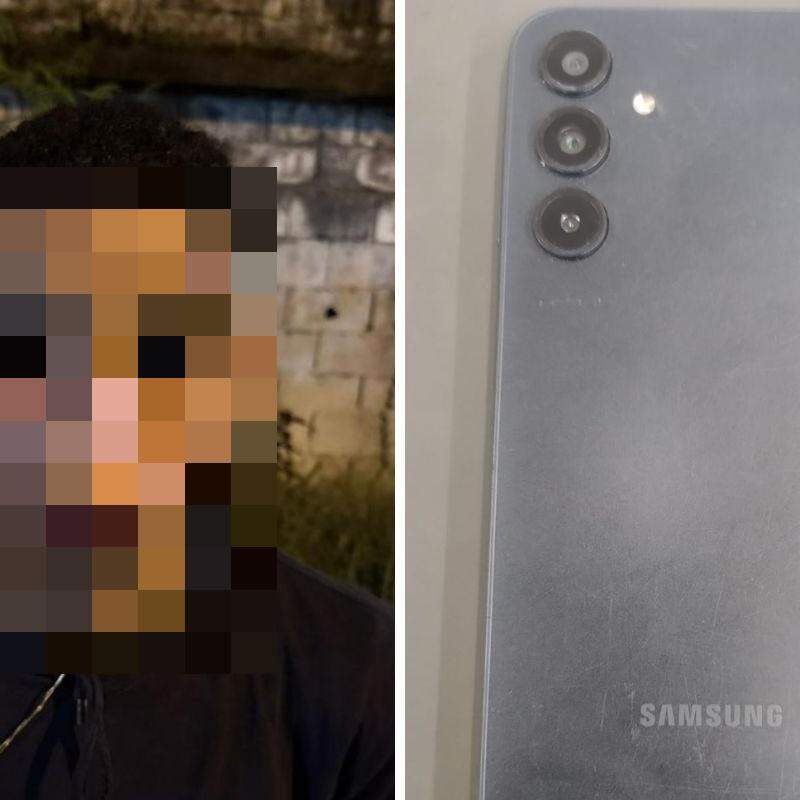 O homem de 20 anos foi algemado e levado para a CPJ de Santos. Foi constatado que o celular que portava era roubado