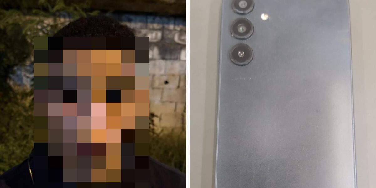 O homem de 20 anos foi algemado e levado para a CPJ de Santos. Foi constatado que o celular que portava era roubado
