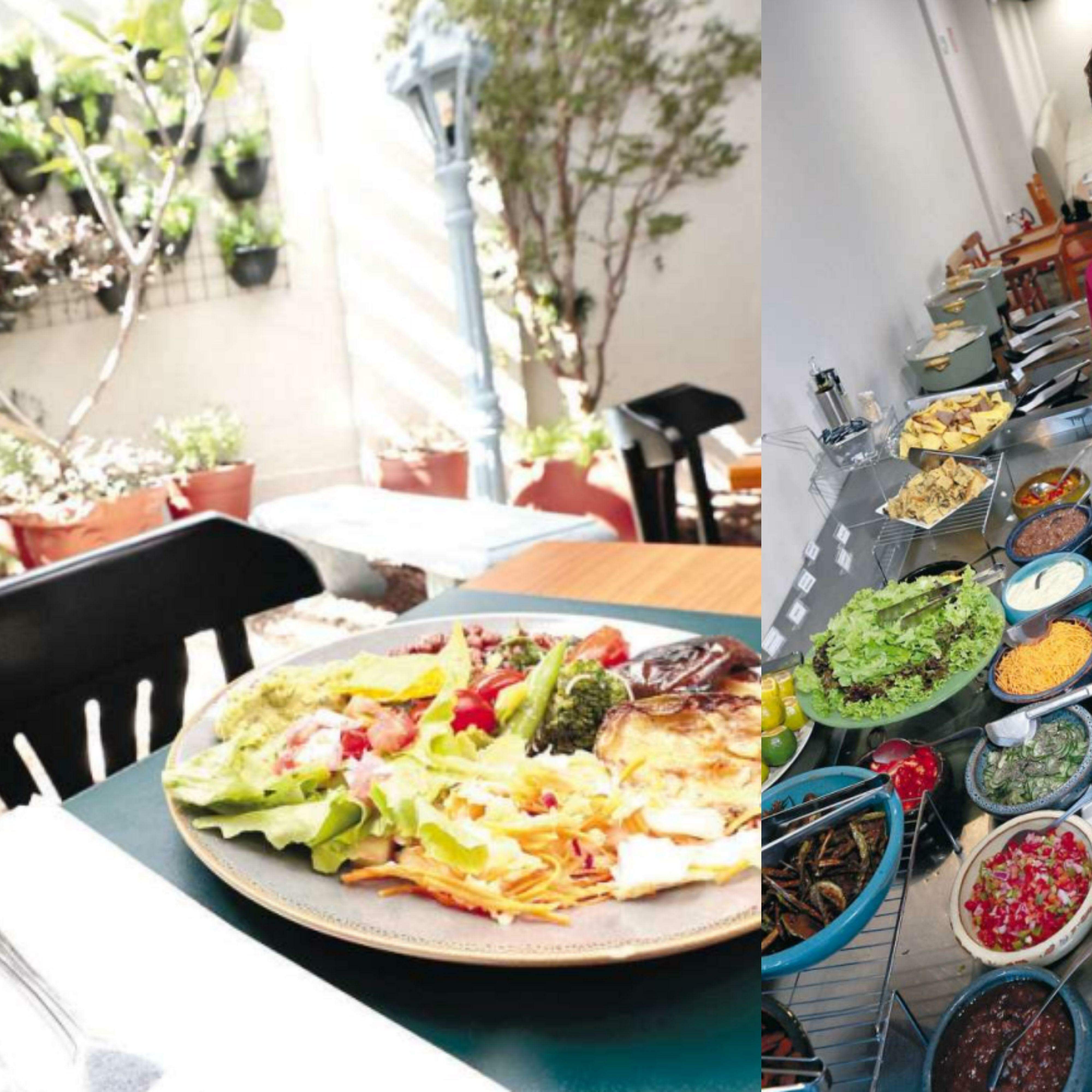 Quintal charmoso com jardim deixa a experiência ainda melhor; bufê saudável e colorido para comer à vontade é a marca de Felipe