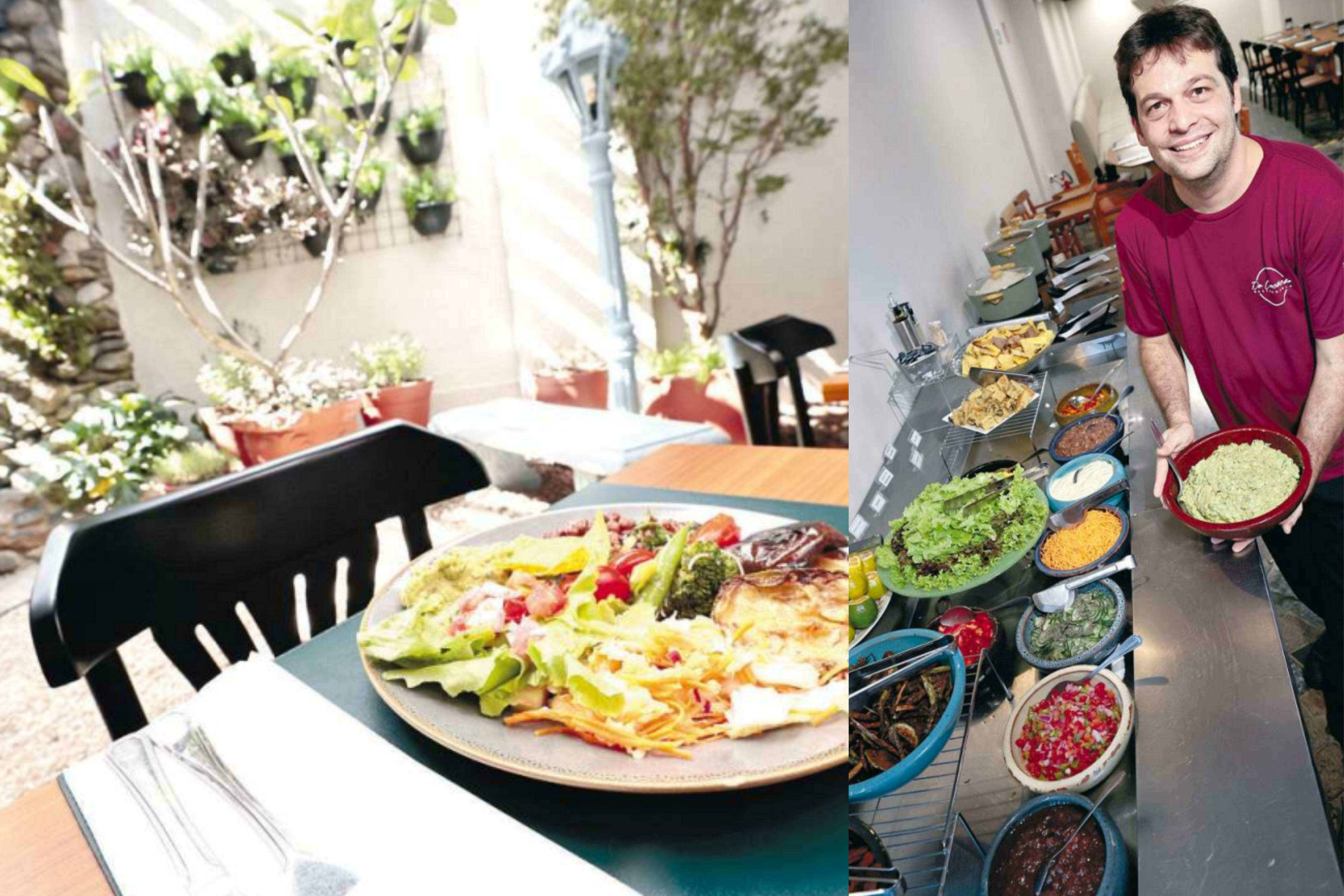 Quintal charmoso com jardim deixa a experiência ainda melhor; bufê saudável e colorido para comer à vontade é a marca de Felipe