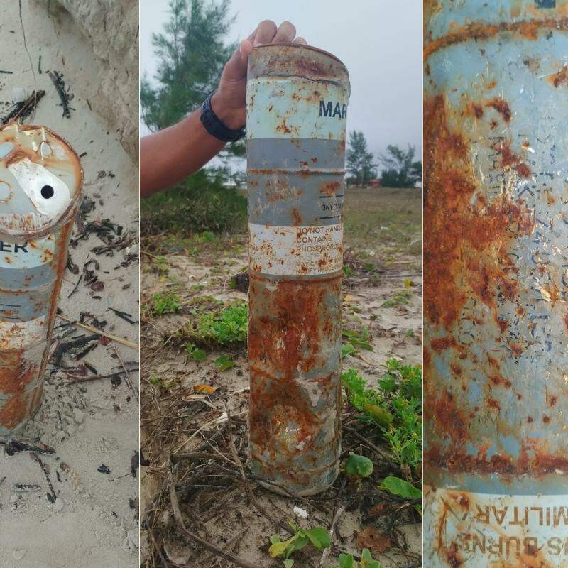 Sinalizador foi encontrado em praia de Ilha Comprida, nesta segunda-feira (25)