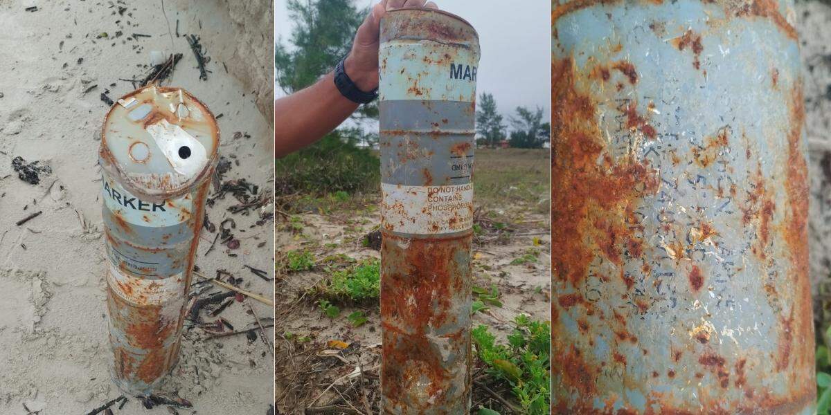 Sinalizador foi encontrado em praia de Ilha Comprida, nesta segunda-feira (25)