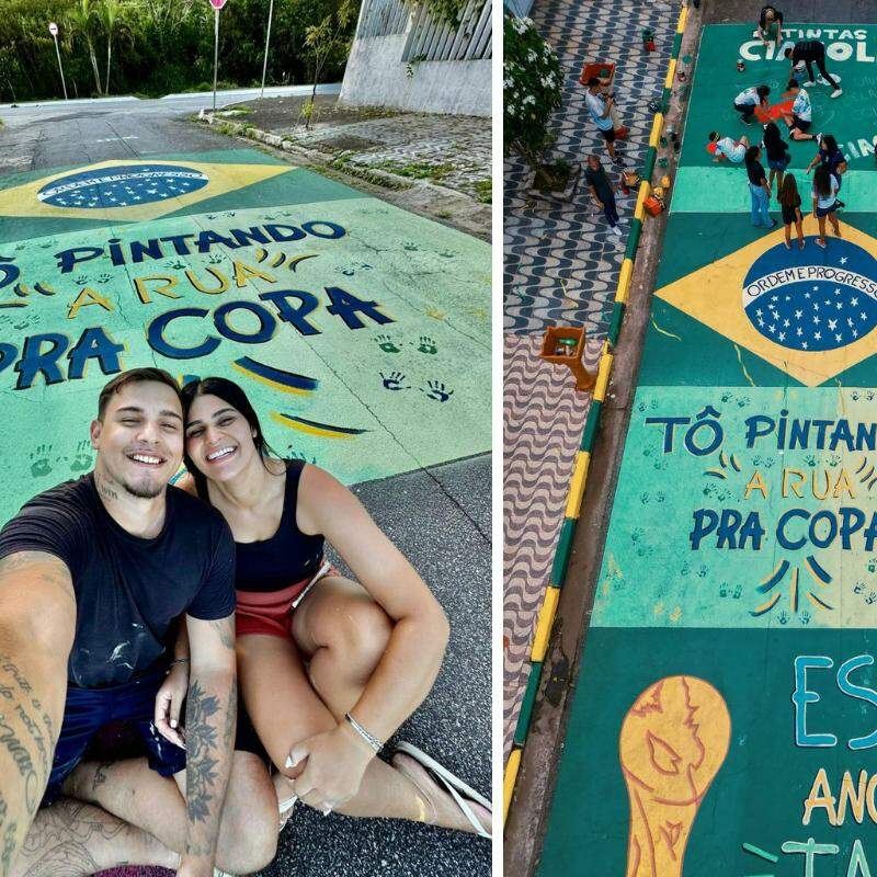 A CBF compartilhou, em suas redes sociais, registros de algumas das ruas pelo Brasil que estão sendo decoradas para a Copa do Mundo, entre elas a de Praia Grande; à esquerda, Lethicia e o noivo