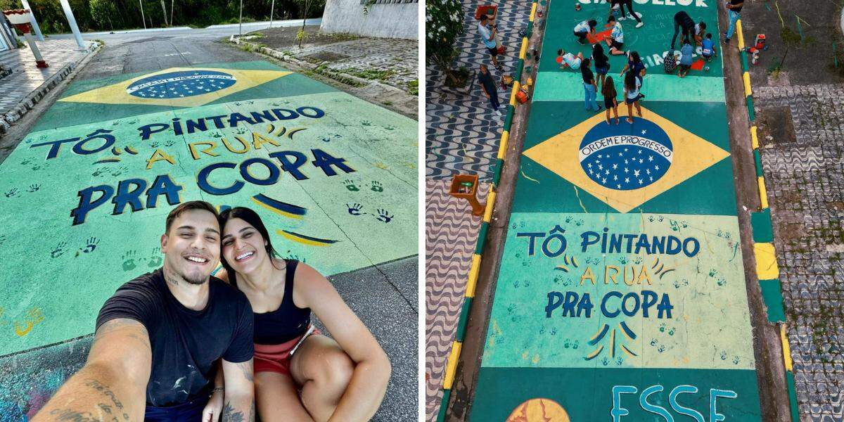 A CBF compartilhou, em suas redes sociais, registros de algumas das ruas pelo Brasil que estão sendo decoradas para a Copa do Mundo, entre elas a de Praia Grande; à esquerda, Lethicia e o noivo