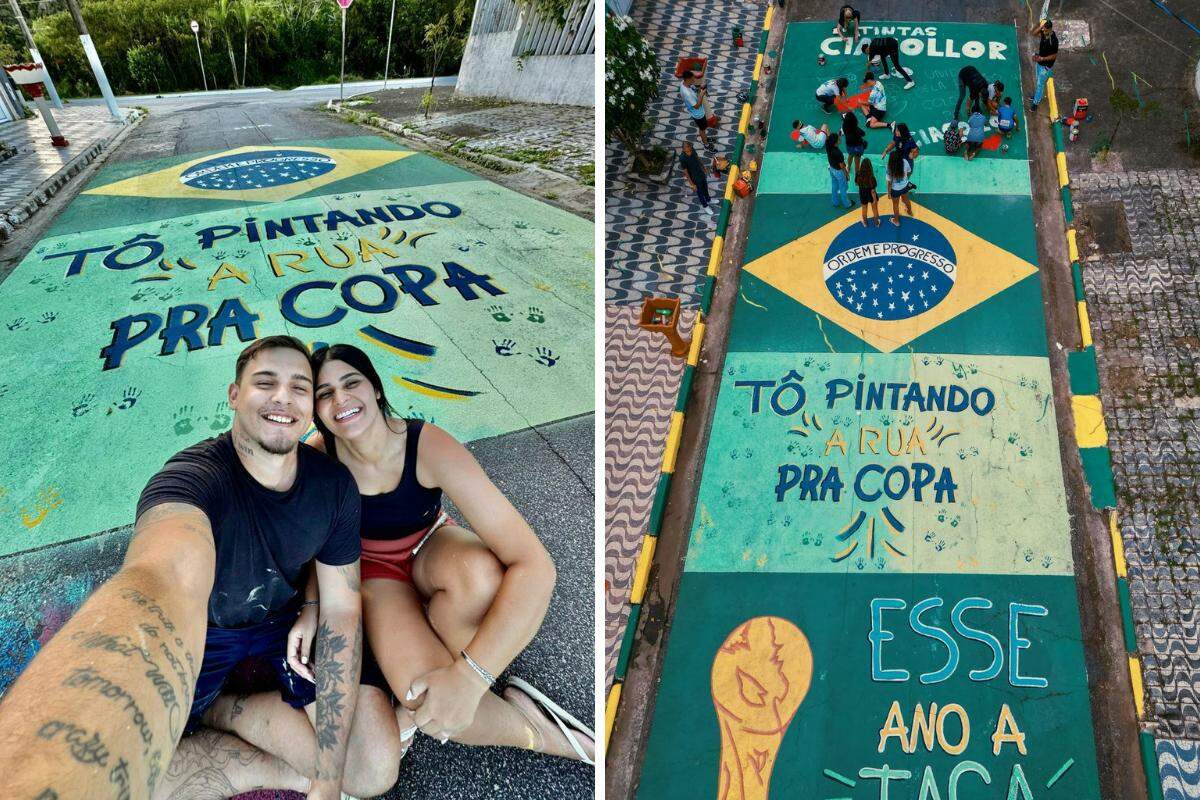 A CBF compartilhou, em suas redes sociais, registros de algumas das ruas pelo Brasil que estão sendo decoradas para a Copa do Mundo, entre elas a de Praia Grande; à esquerda, Lethicia e o noivo