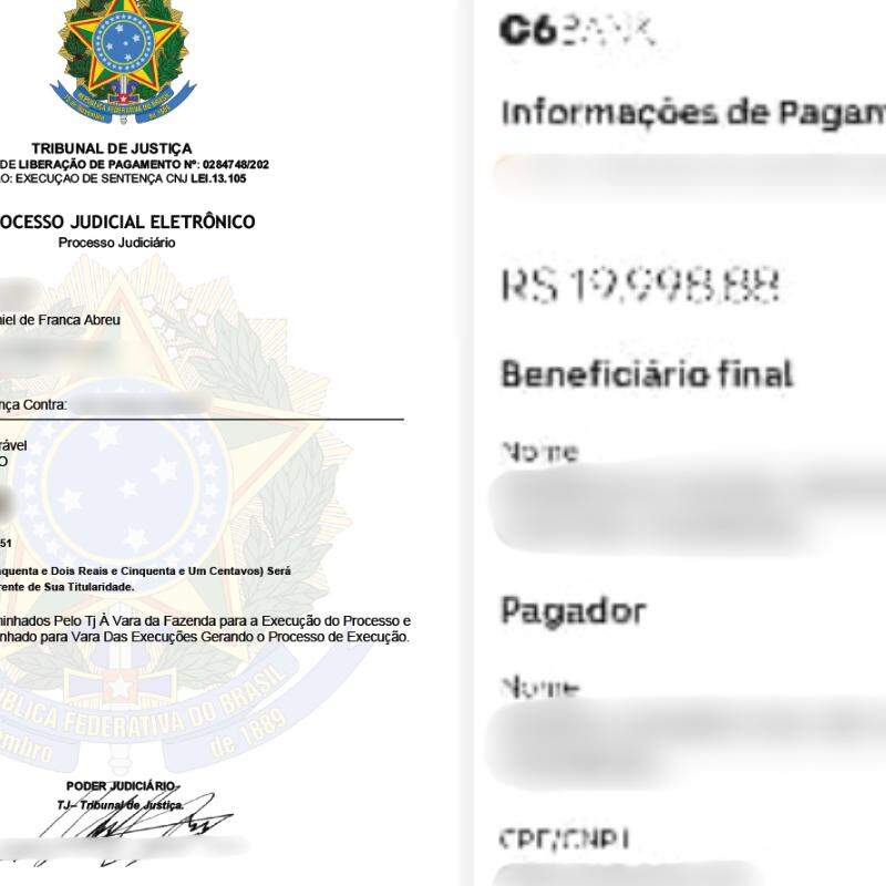 Um alvará falso foi enviado ao cliente (à esq.), e um comprovante de um dos valores que saiu do banco da vítima (à dir.)