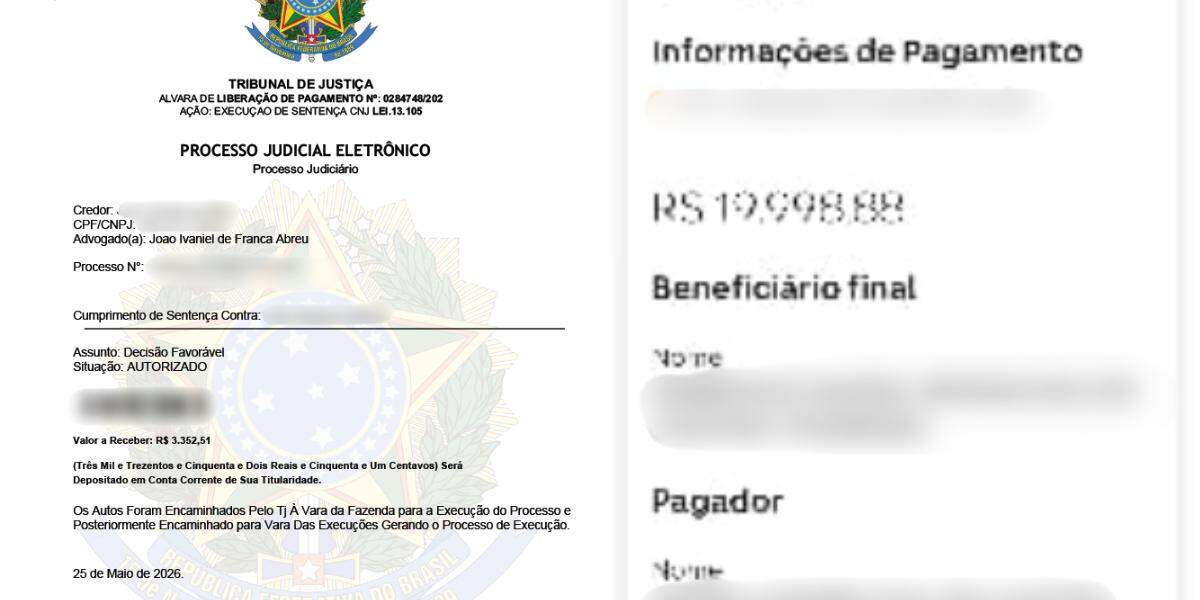 Um alvará falso foi enviado ao cliente (à esq.), e um comprovante de um dos valores que saiu do banco da vítima (à dir.)