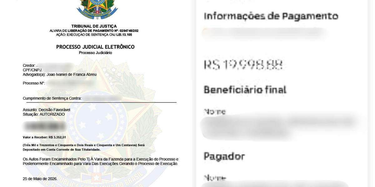 Um alvará falso foi enviado ao cliente (à esq.), e um comprovante de um dos valores que saiu do banco da vítima (à dir.)