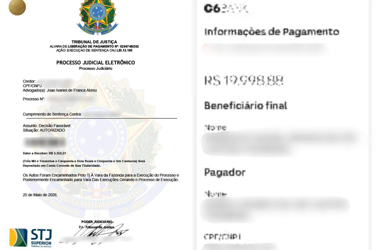 Um alvará falso foi enviado ao cliente (à esq.), e um comprovante de um dos valores que saiu do banco da vítima (à dir.)