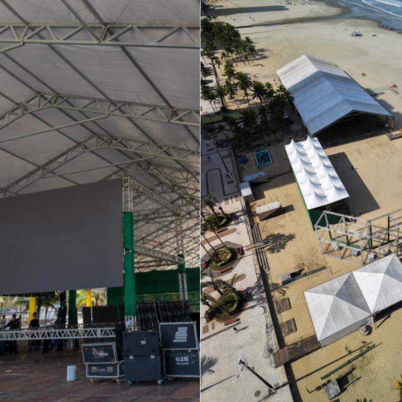 Estrutura com telão foi montada na orla do bairro Guilhermina, em Praia Grande, para a Copa do Mundo