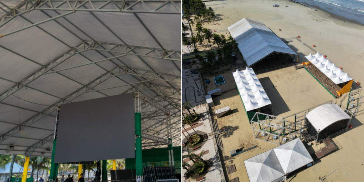 Estrutura com telão foi montada na orla do bairro Guilhermina, em Praia Grande, para a Copa do Mundo