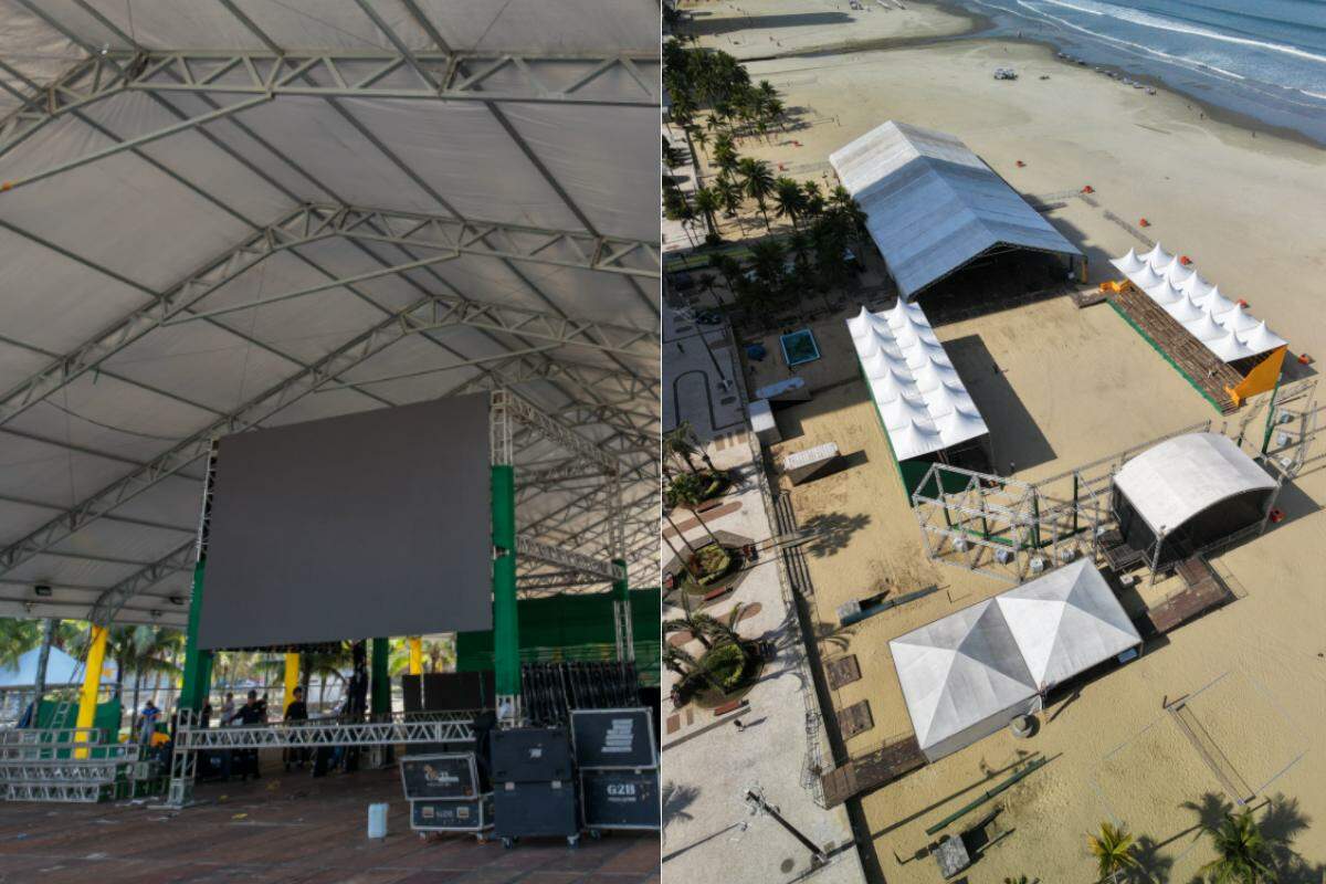 Estrutura com telão foi montada na orla do bairro Guilhermina, em Praia Grande, para a Copa do Mundo