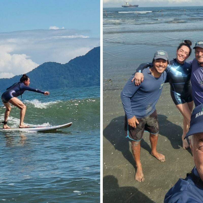 Christiane Torloni aprende a surfar nas praias de Santos e São Vicente