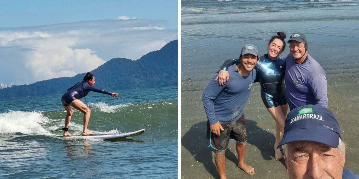 Christiane Torloni aprende a surfar nas praias de Santos e São Vicente