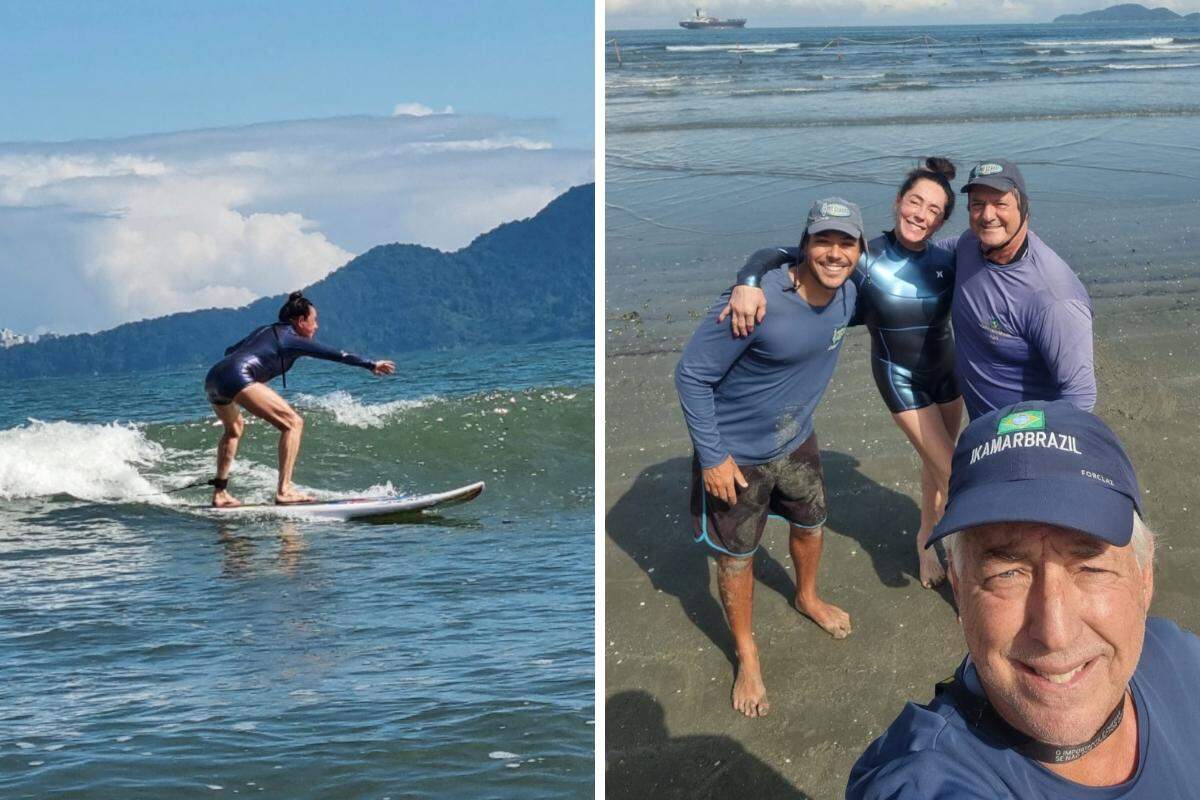 Christiane Torloni aprende a surfar nas praias de Santos e São Vicente