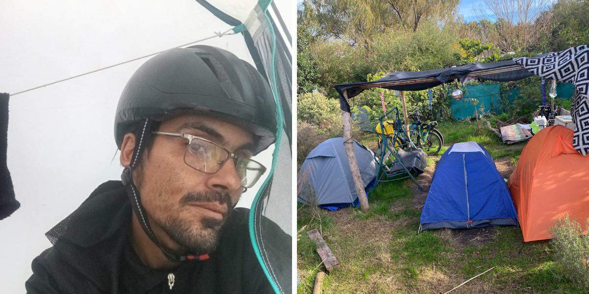 Georgios saiu de bicicleta de São Vicente em abril; o ajudante de pedreiro comenta que ganhou um capacete para continuar sua aventura rumo à Argentina