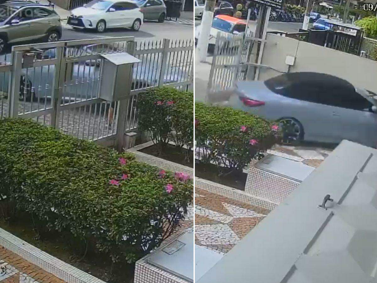 Câmeras de monitoramento capturaram o momento da colisão da BMW no Gonzaga, em Santos
