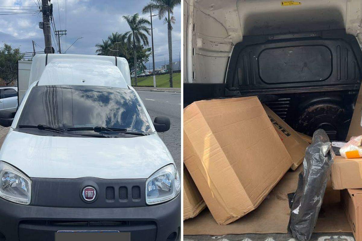 Veículo de entrega da Shopee roubado foi encontrado com a maior parte da carga no bairro Quietude, em Praia Grande