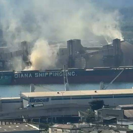 Material particulado disperso no ar durante embarque de farelo de soja no TGG