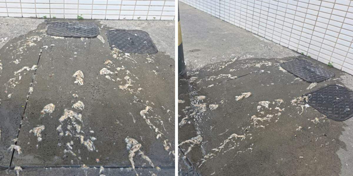 O vazamento de esgoto na porta do prédio de alto padrão do Embaré, em Santos, já foi registrado outras vezes