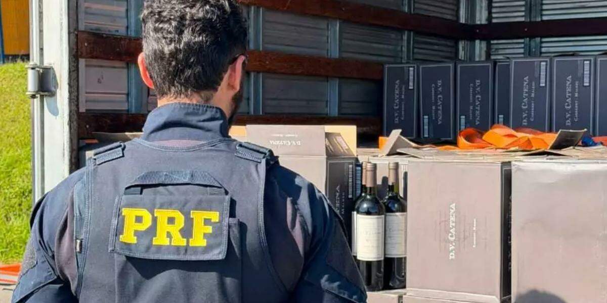 Segundo a PRF, 300 caixas de vinhos argentinos, com aproximadamente 1.800 garrafas, foram apreendidas em caminhão utilitário