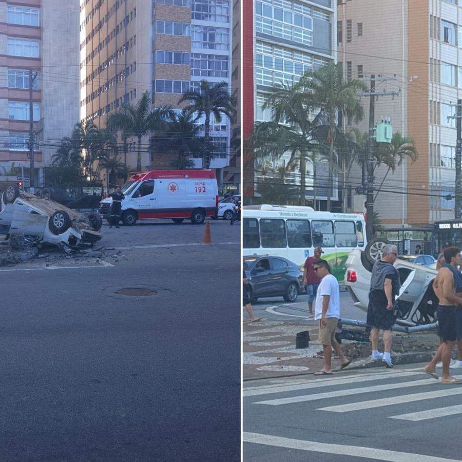 Veículo capotou após bater em poste de semáforo de pedestres